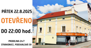 V pátek 22. 8. 2025 má prodejna 24/7 Podskalská, Strakonice otevřeno do 22:00 hod.!